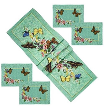 花家晚餐Runners&Placemat Table&Home装饰织物设计表,蝴蝶图案的绿色,Hol